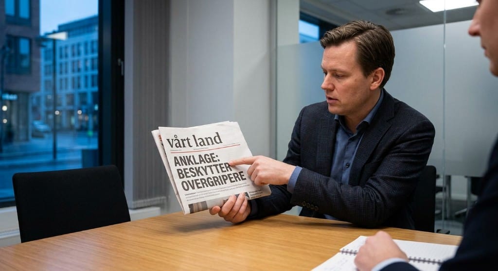 Mann peker på Vårt Lands papirtittel «Anklage: Beskytter overgripere»