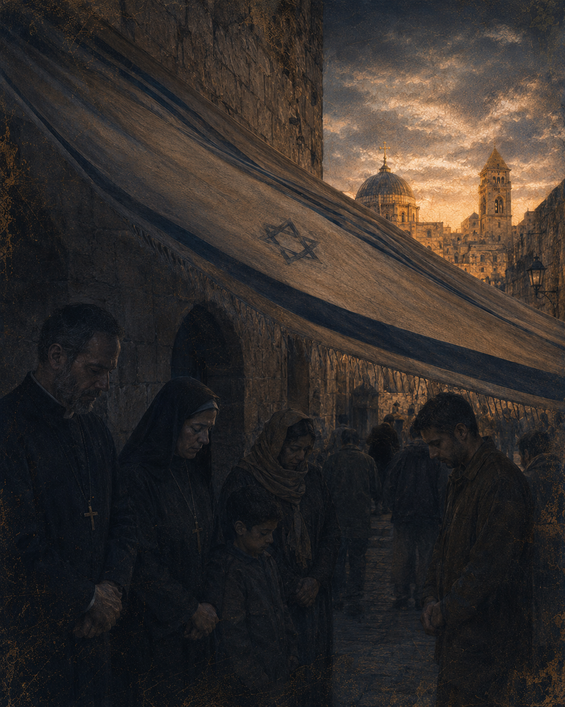 Illustrasjon av kristne som står i skyggen av et israelsk flagg i Jerusalem.
