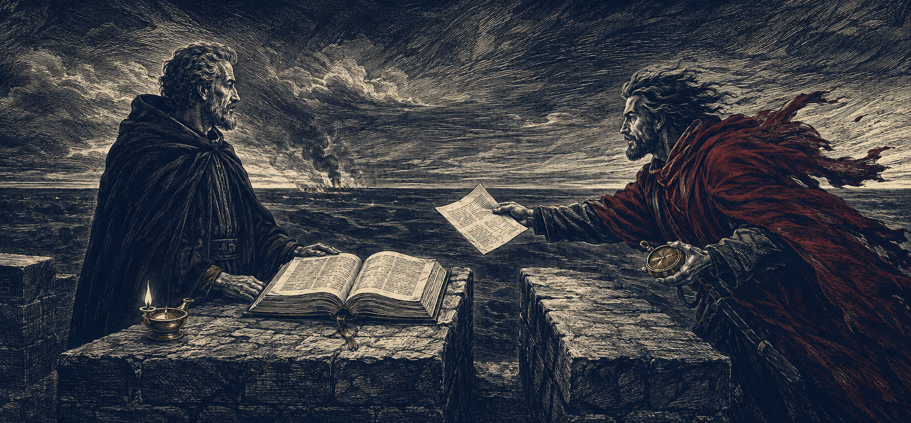 En statlig utsending rekker et dokument til en prest ved en åpen bibel.