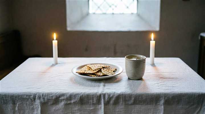 Nattverdsbord med brød, beger og levende lys