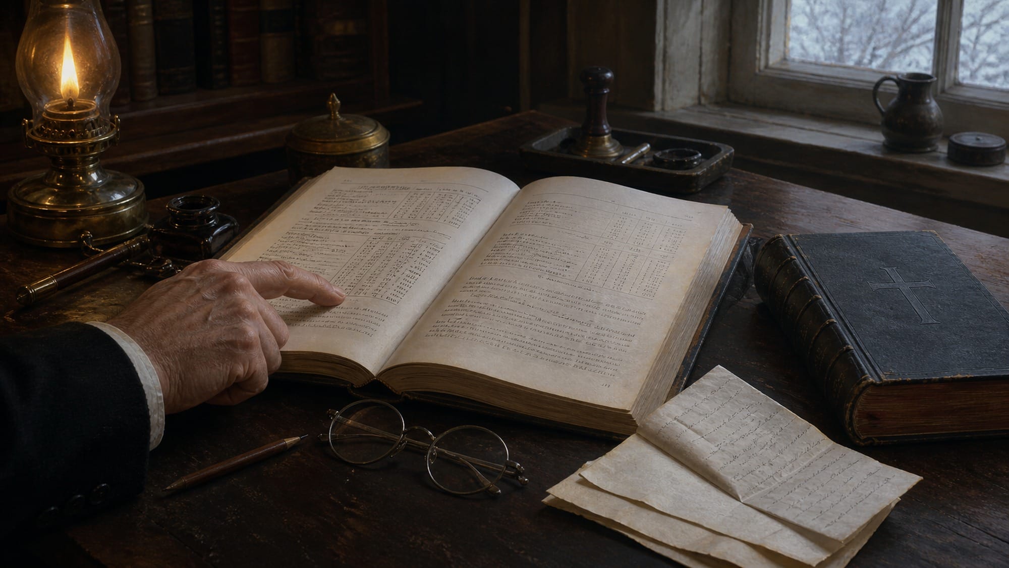Et oppslått historisk skrift granskes ved en skrivepult med Bibel, notater og briller.