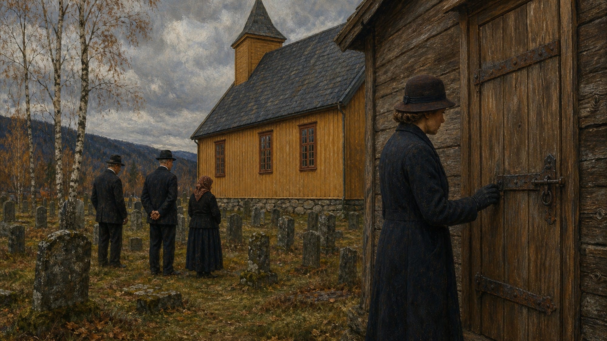 Historisk illustrasjon av en kvinne ved en lukket kirkedør på et norsk kirkegårdstun i 1938.