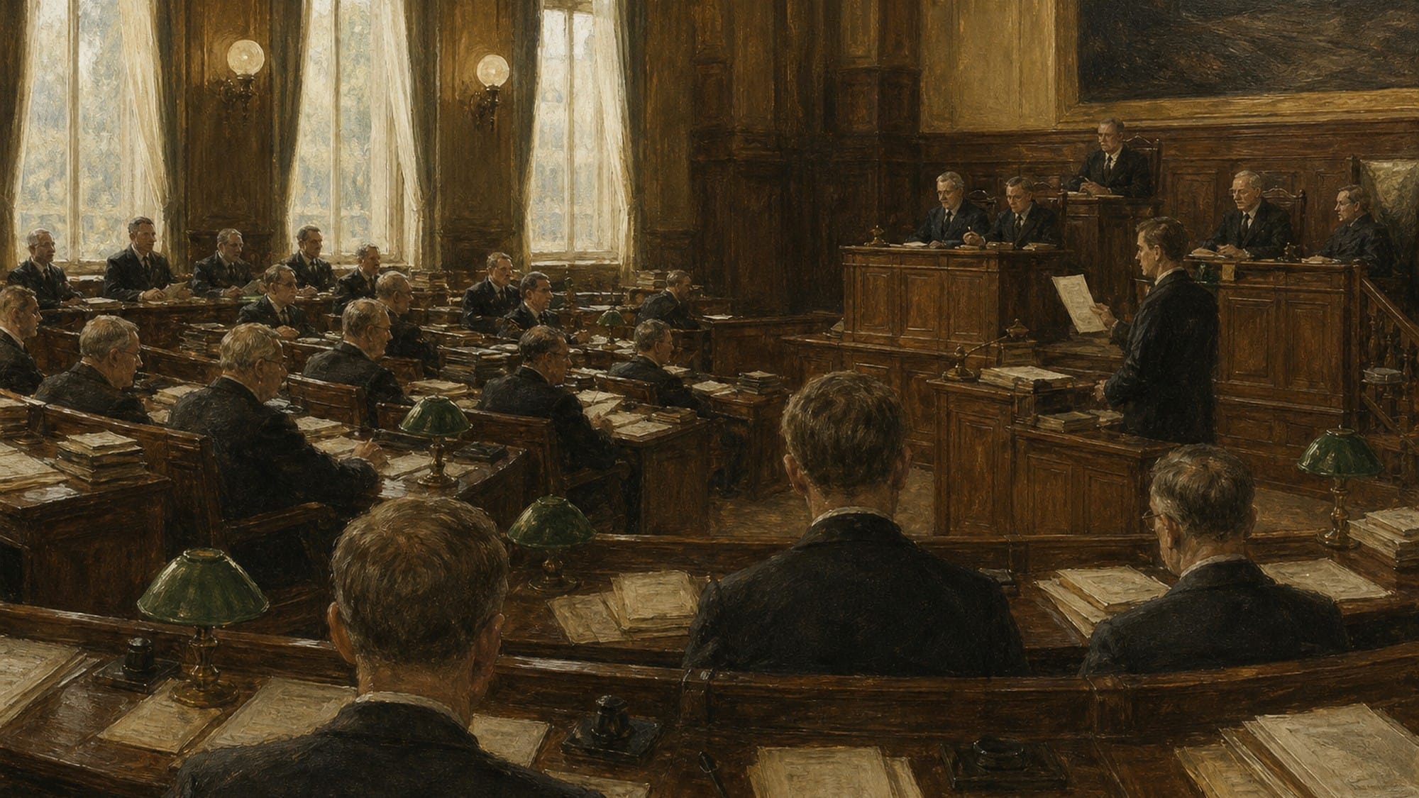 Historisk illustrasjon av en stortingssal i 1938, sett bakfra, uten gjenkjennelige portretter.