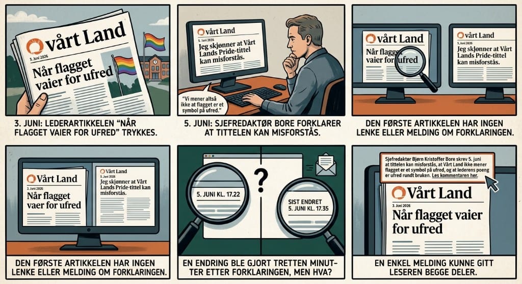 Tegneserie om Vårt Lands leder «Når flagget vaier for ufred» og Bores forklaring. KI-generert illustrasjon.