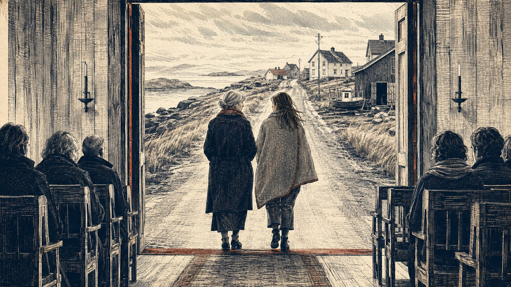 To kvinner går ut av en kirke mot et kystsamfunn, mens menigheten sitter igjen.