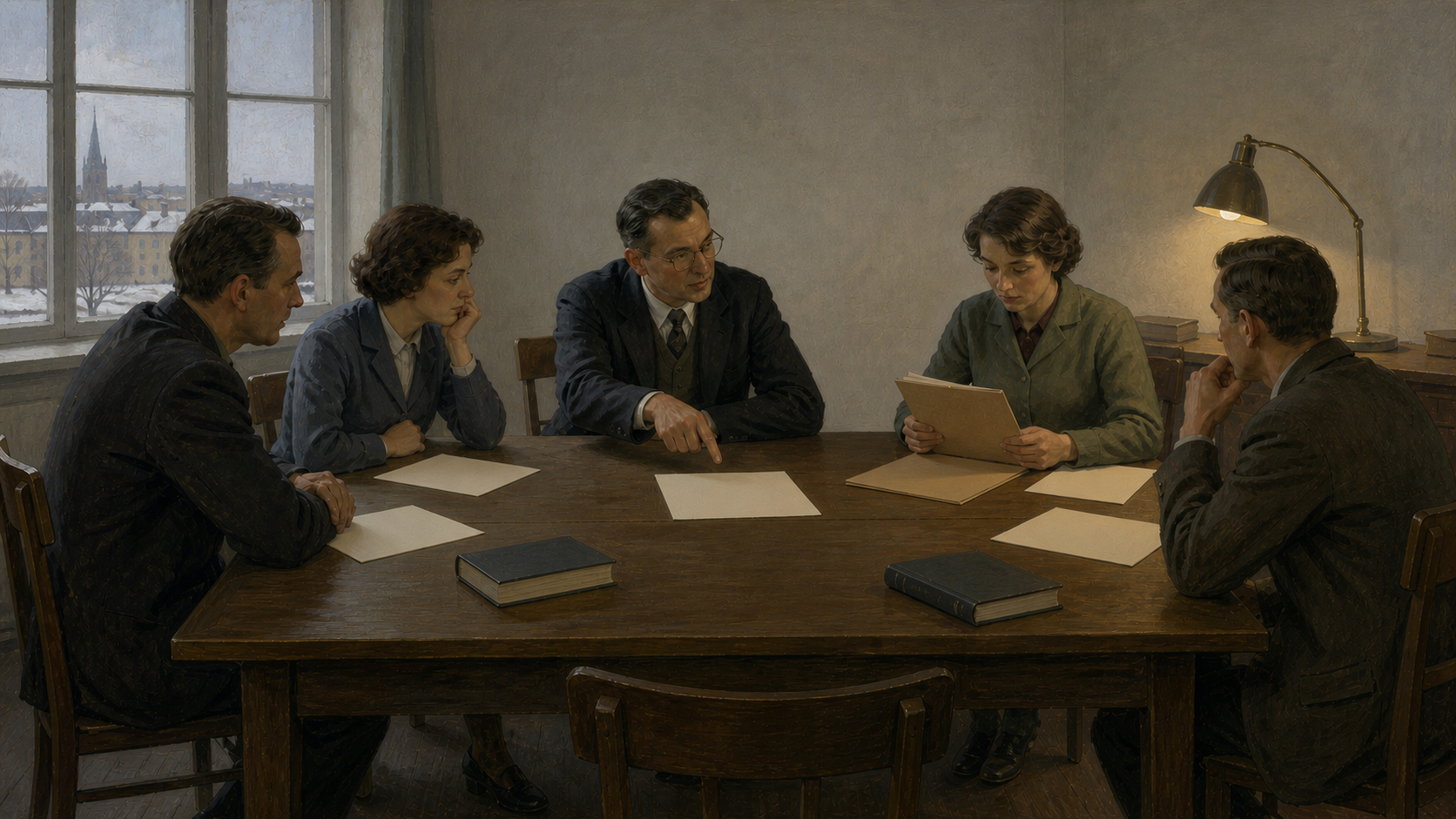 KI-generert konseptillustrasjon av fem anonyme voksne rundt et bord med umerkede bøker og ark i Norge omkring 1960–1961.