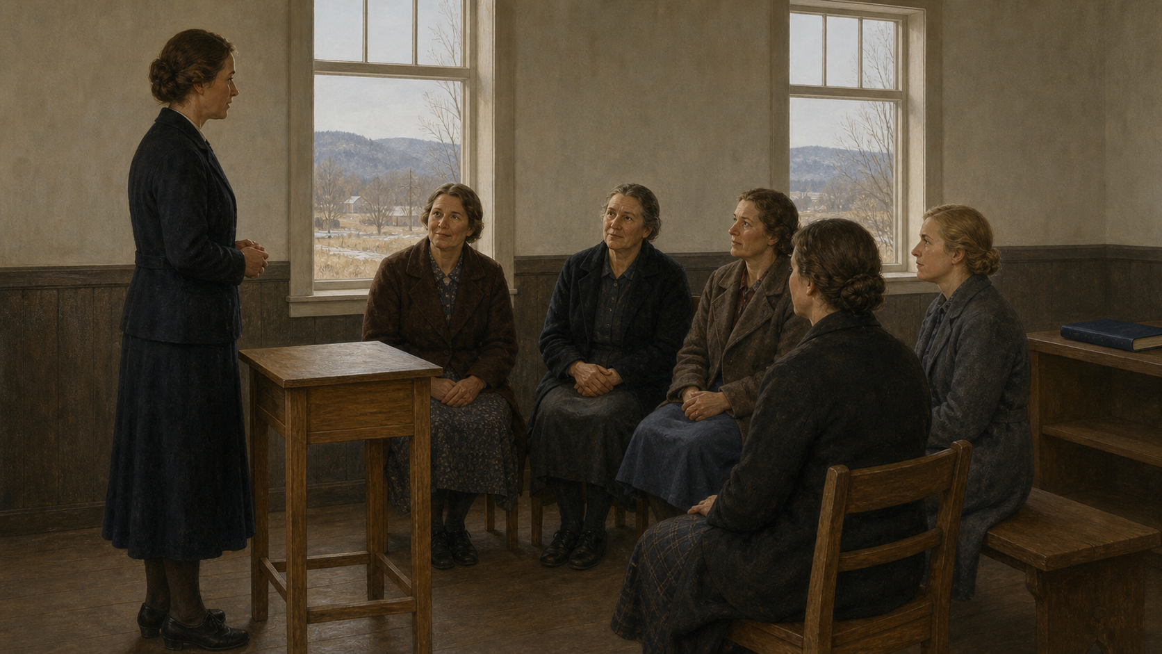Anonym kvinne taler ved et enkelt lesebord til fem sittende kvinner i et norsk møtelokale omkring 1938.