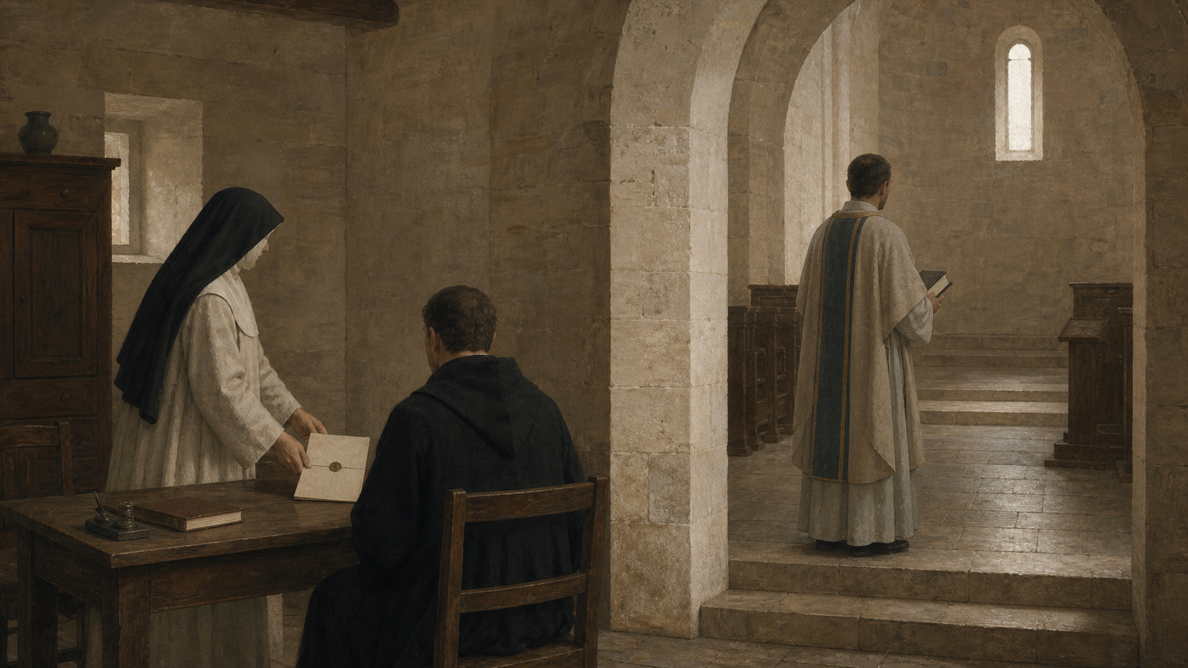 Konseptuell KI-illustrasjon med en abbedisse ved et forseglet dokument på den ene siden av en steinbue og en ordinert prest ved et tomt korrom på den andre.
