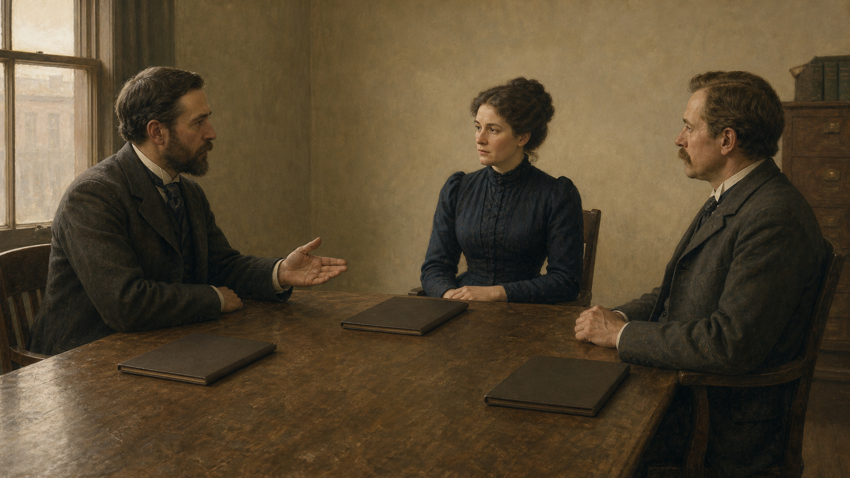 KI-illustrasjon av en anonym kvinnelig redaktør og to anonyme menn i rolig uenighet ved samme bord omkring 1889.