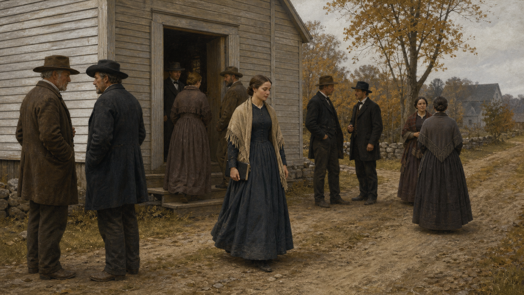 KI-illustrasjon av en anonym kvinne med lukket bok utenfor et lite møtehus i rural New York på 1850-tallet.