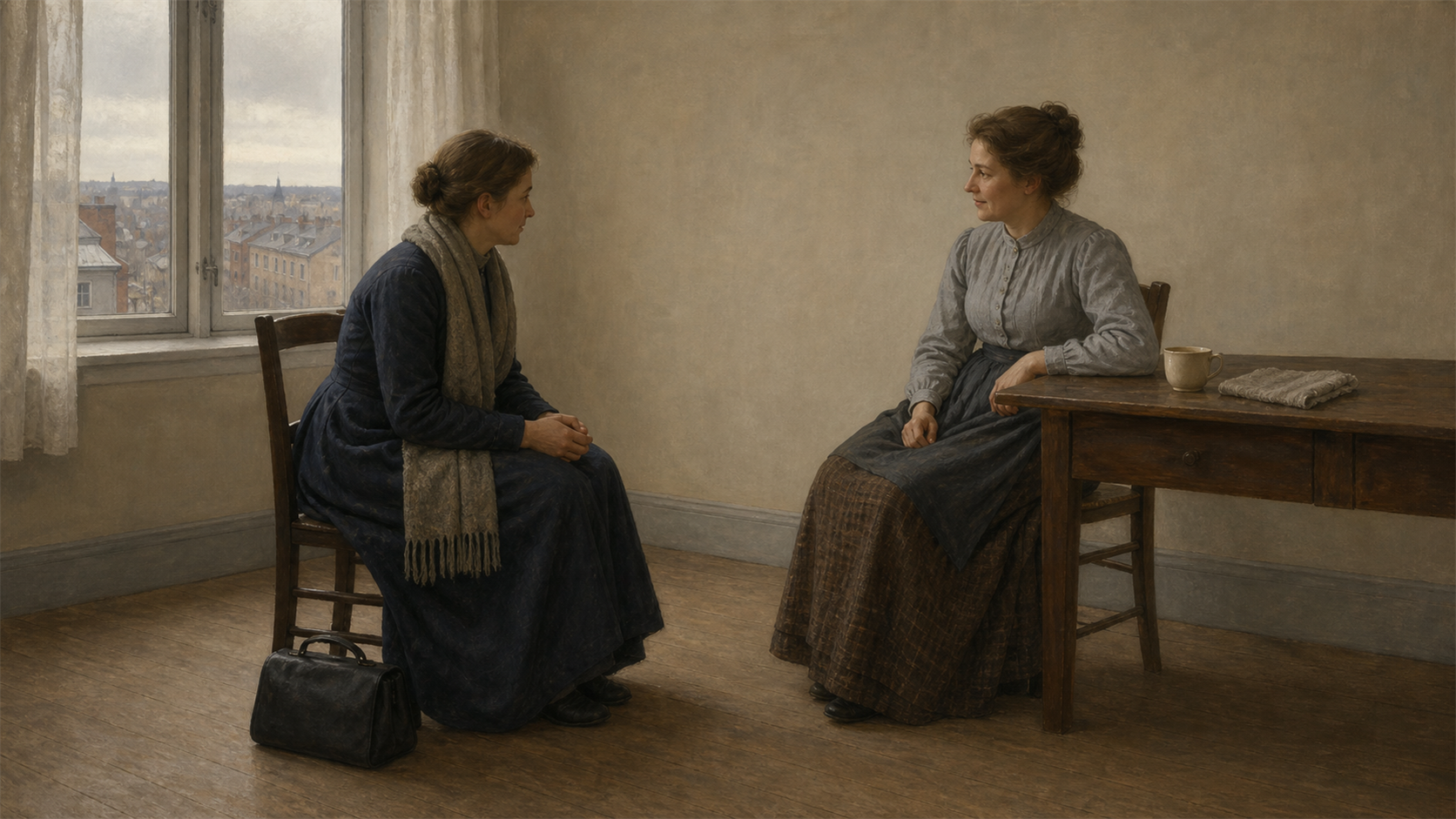 KI-generert illustrasjon av to anonyme kvinner i en respektfull samtale under et husbesøk i Kristiania omkring 1901.