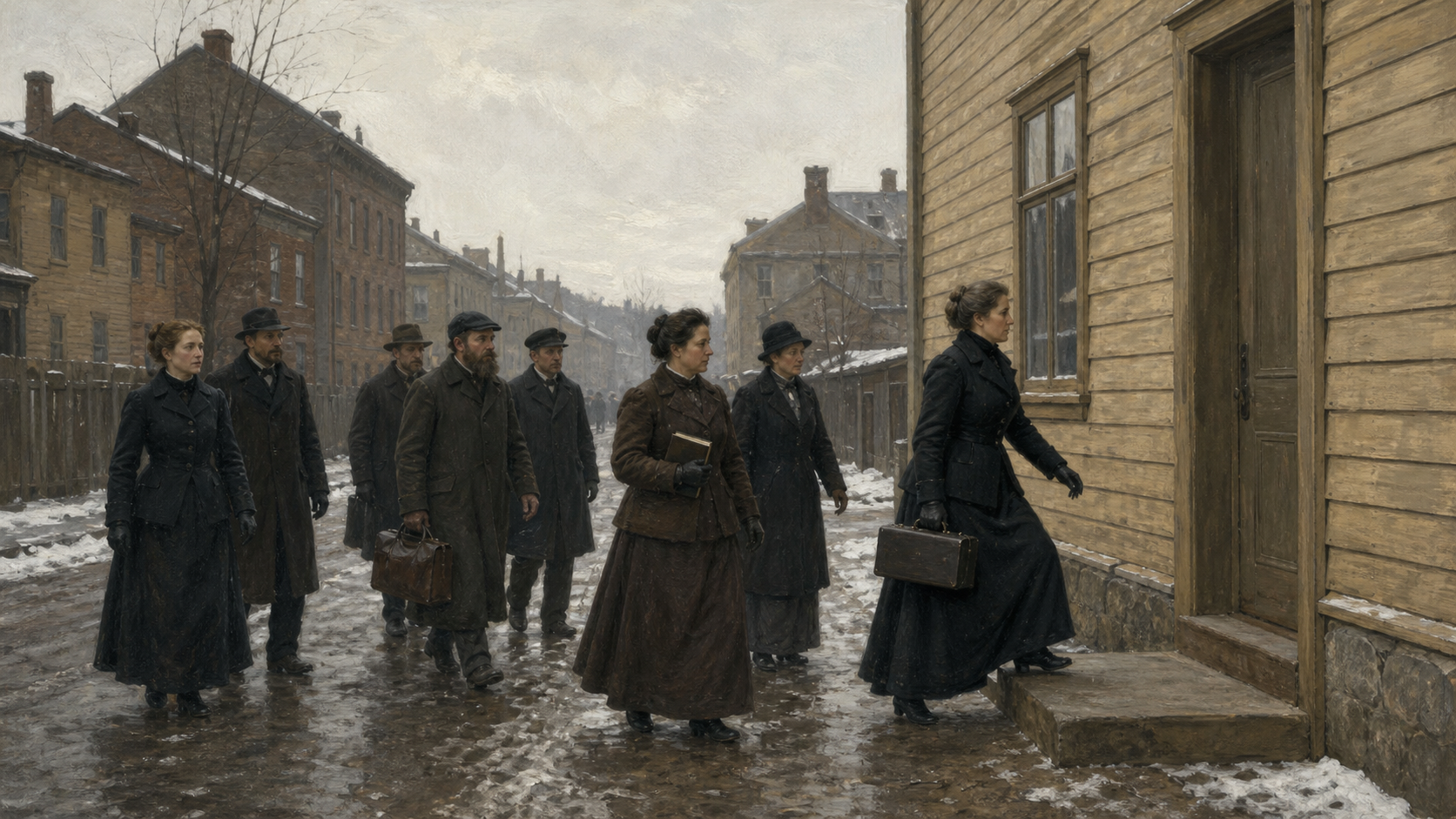 Konseptuell KI-illustrasjon av et anonymt blandet offisersteam ved en norsk møteåpning omkring 1888.