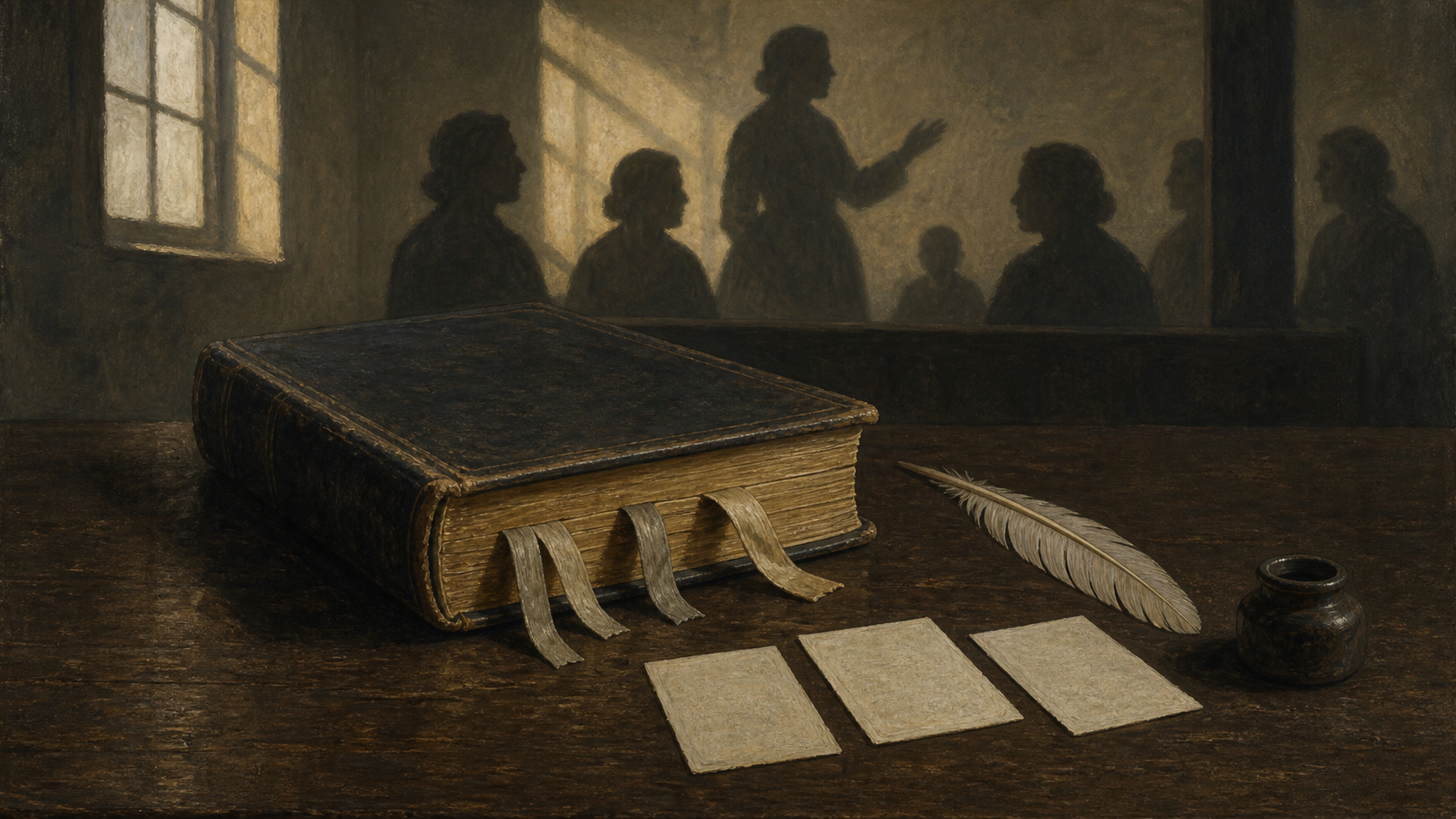 En lukket bibel med bokmerker ligger på et mørkt trebord foran en uskarp forsamling der en kvinne taler.