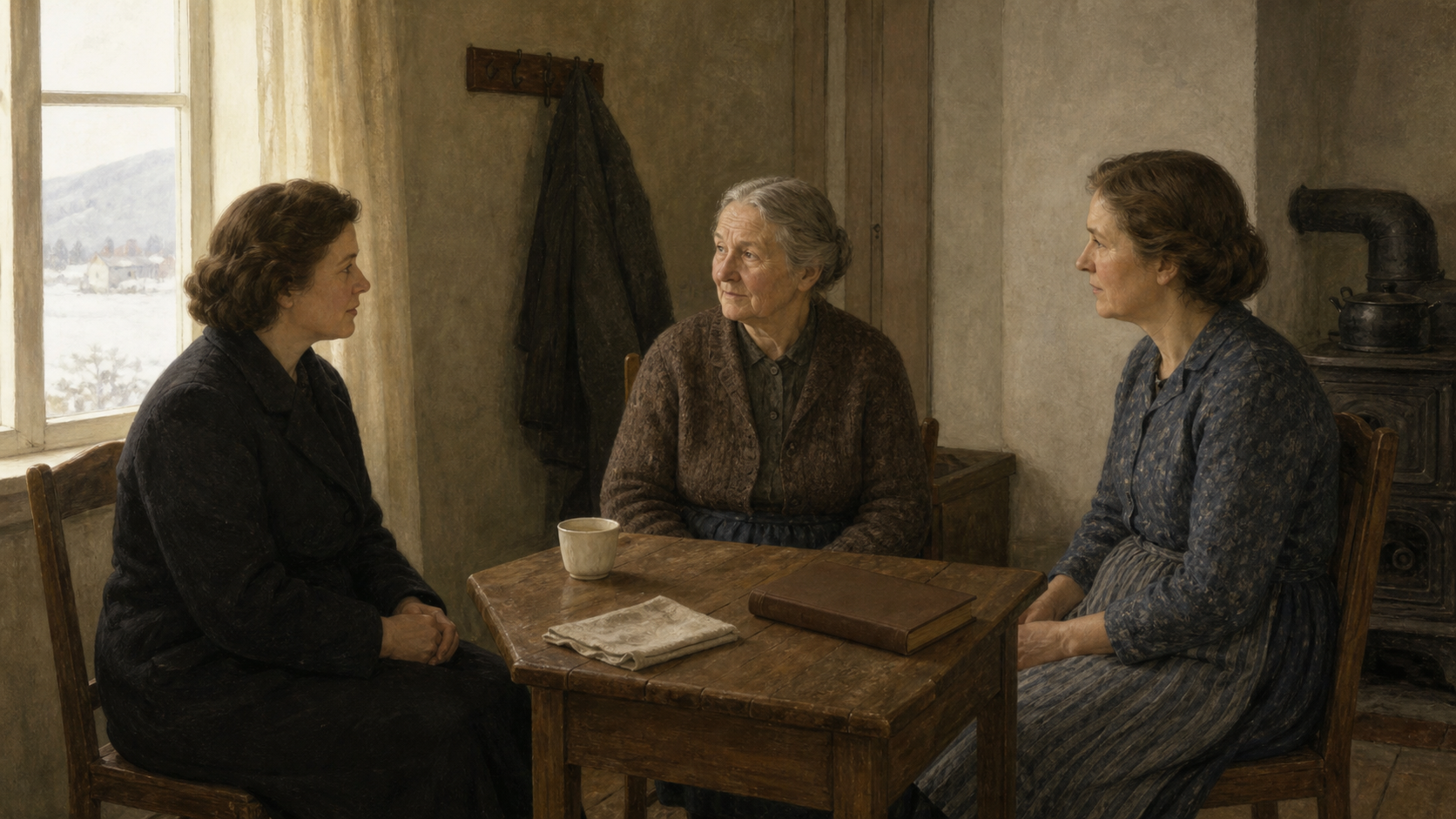 Tre anonyme kvinner sitter i samtale rundt et trebord i et enkelt norsk hjem omkring 1938.