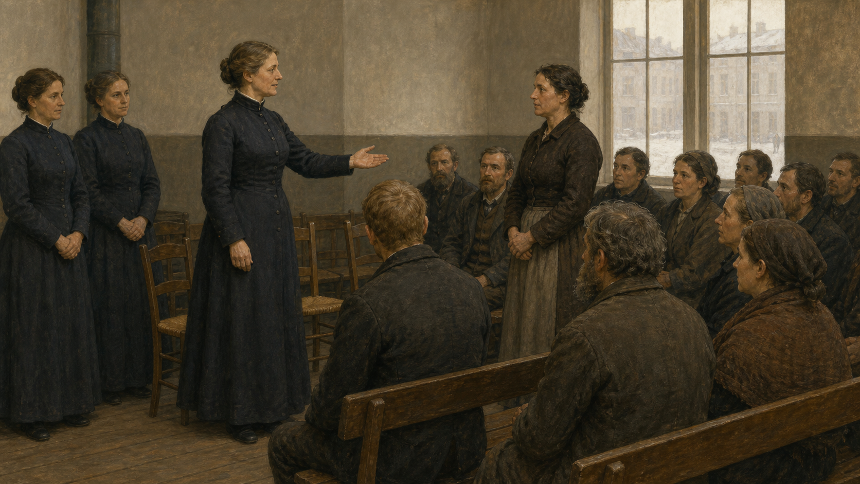Konseptuell KI-illustrasjon av anonyme kvinner og menn som deler talerom i et nøkternt møtehus omkring 1888.