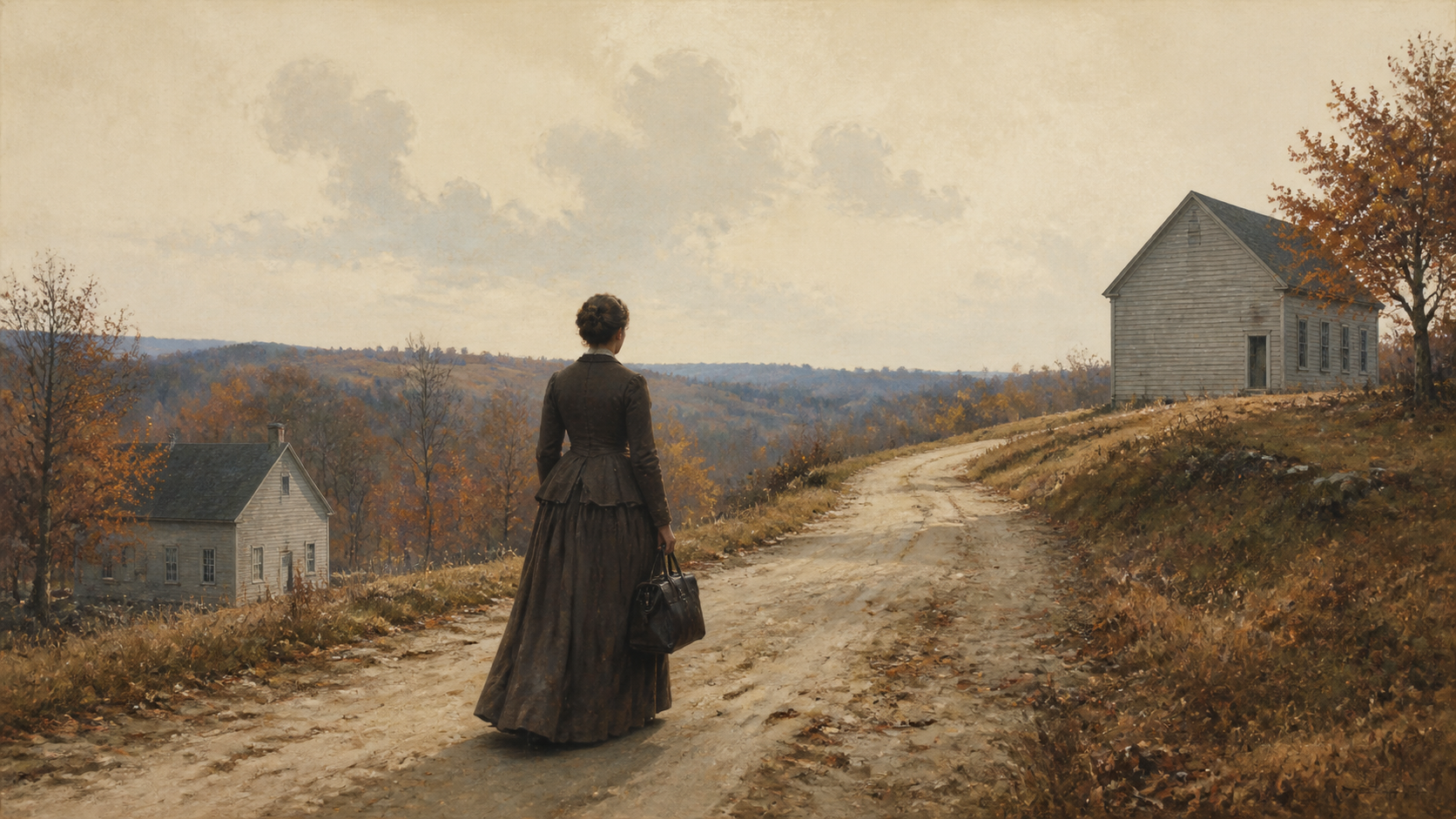 Konseptuell KI-illustrasjon av en anonym kvinne som går på en høstvei mellom to atskilte amerikanske møtehus omkring 1880.