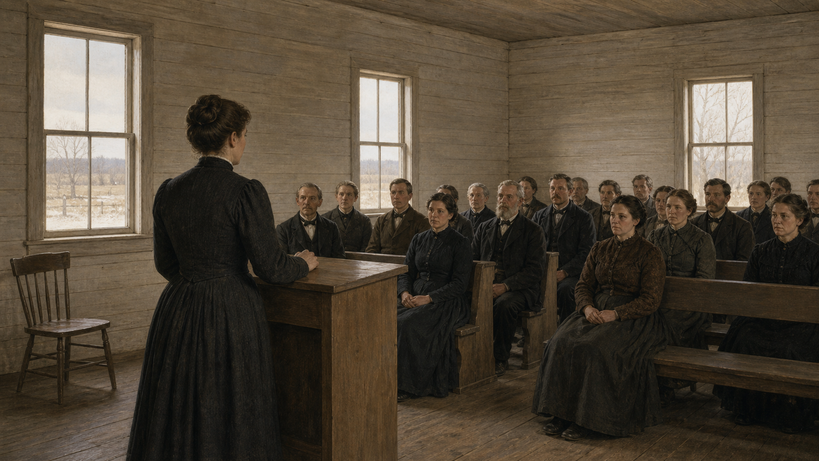Konseptuell KI-illustrasjon av en anonym kvinne som taler til en blandet forsamling i et enkelt lokale omkring 1887.