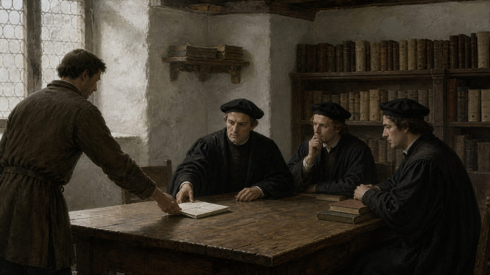 Konseptuell KI-illustrasjon av et lukket brev på bordet foran lærde i et tysk universitetskammer omkring 1523.