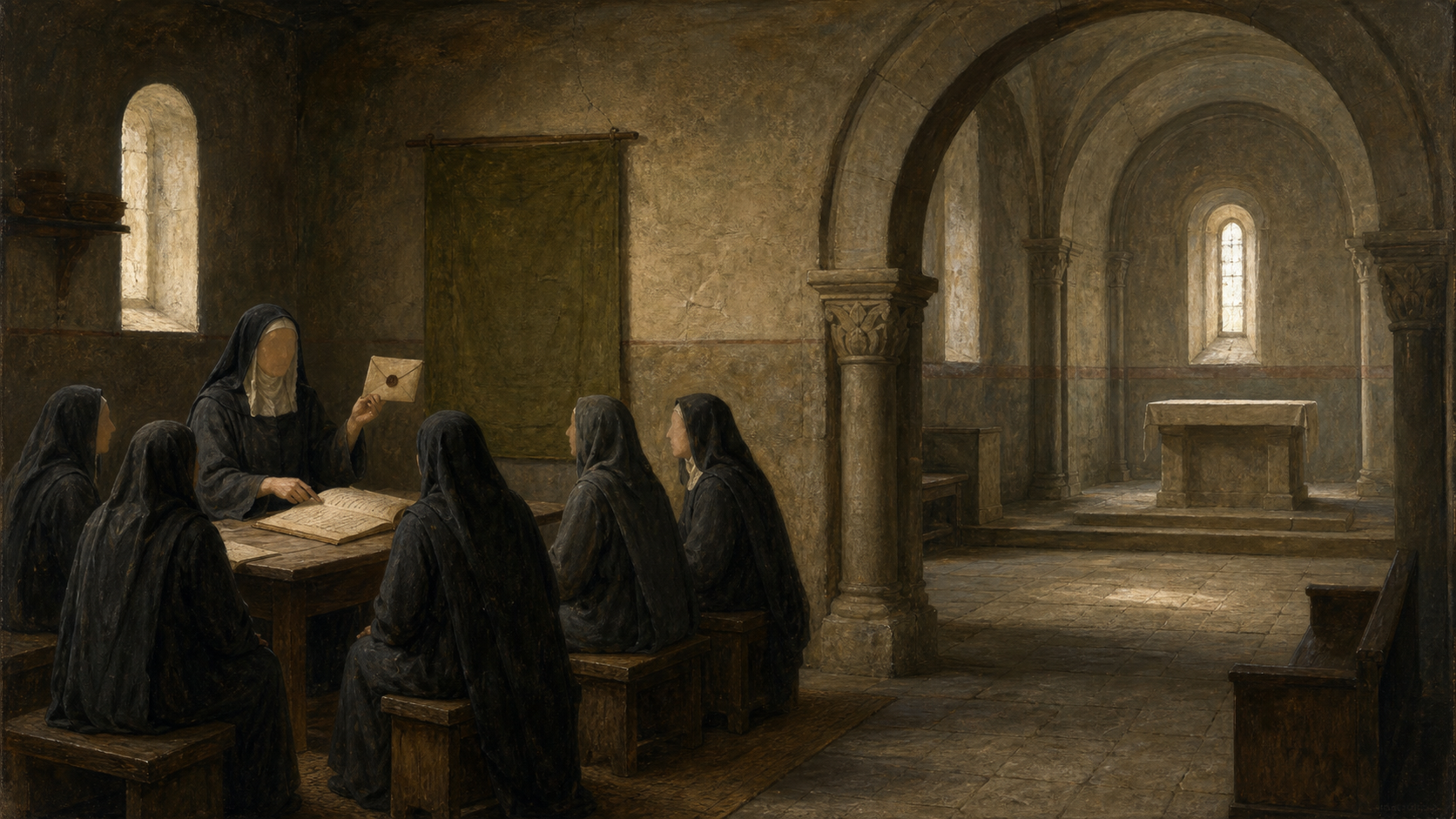 En anonym abbedisse underviser i et kapittelrom mens et tomt romansk alter ses gjennom en steinbue.