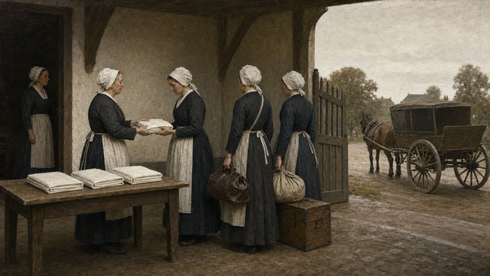 Historisk KI-illustrasjon av anonyme diakonisser som organiseres for utreise fra et morhus omkring 1850.