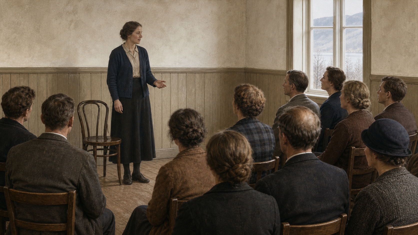 En anonym kvinne taler på gulvnivå til en blandet gruppe kvinner og menn i et enkelt norsk møtelokale omkring 1933.