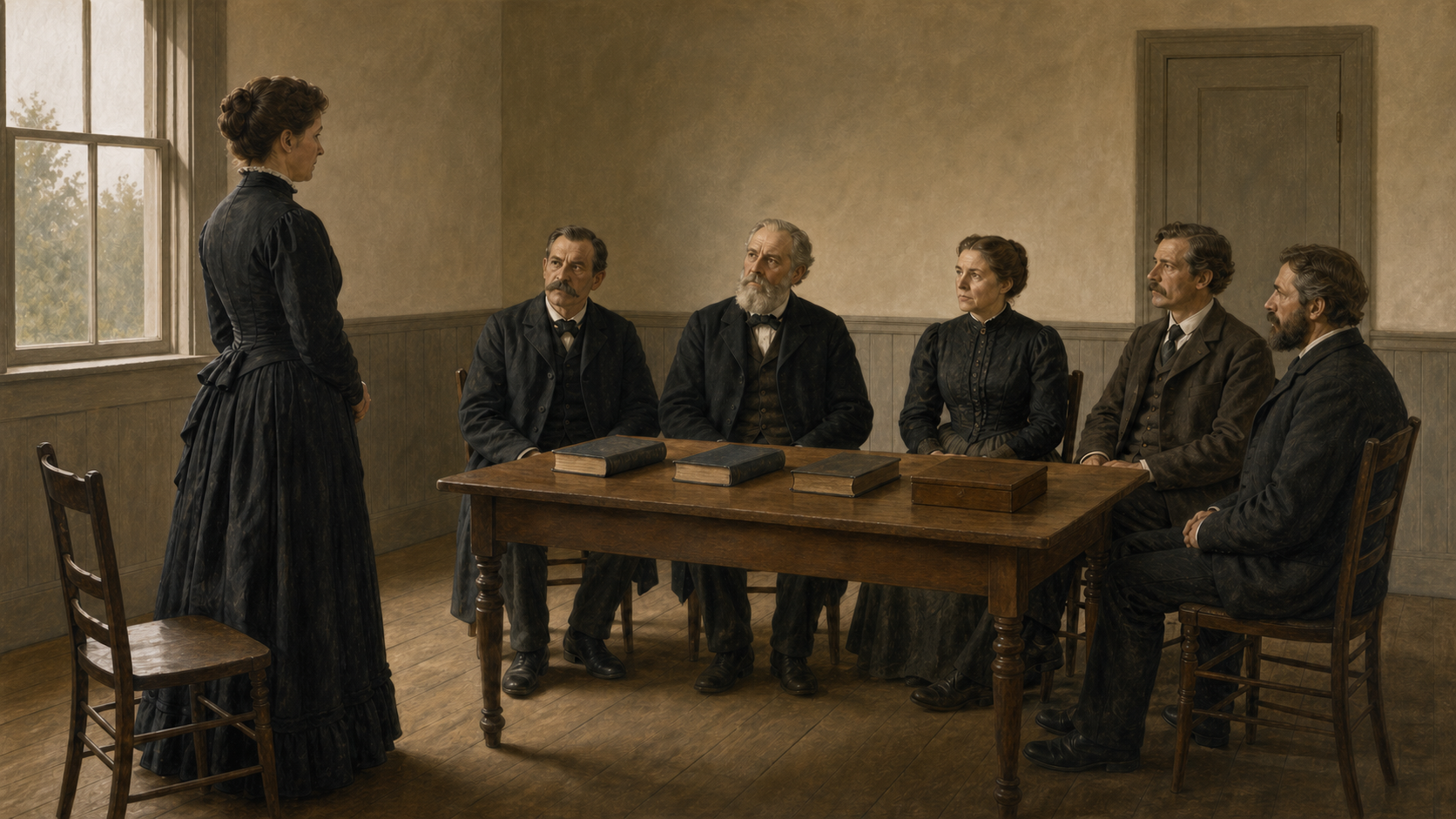 Konseptuell KI-illustrasjon av en anonym kvinne foran fem sivilt kledde personer rundt et bord omkring 1889.