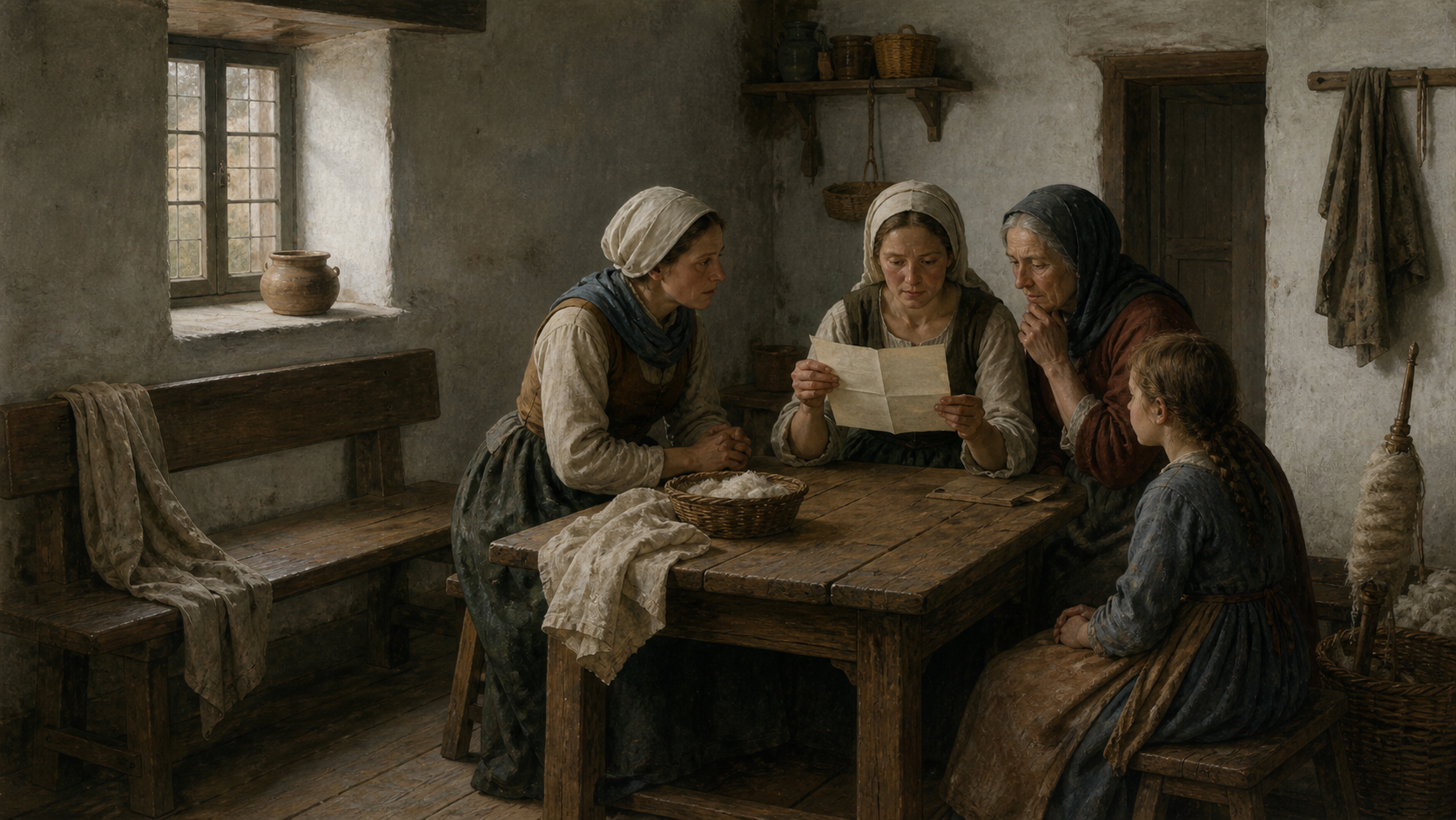 Konseptuell KI-illustrasjon av flere kvinner samlet rundt et bortvendt brev i et hjem i Kenzingen omkring 1524, med en tom benk i rommet.