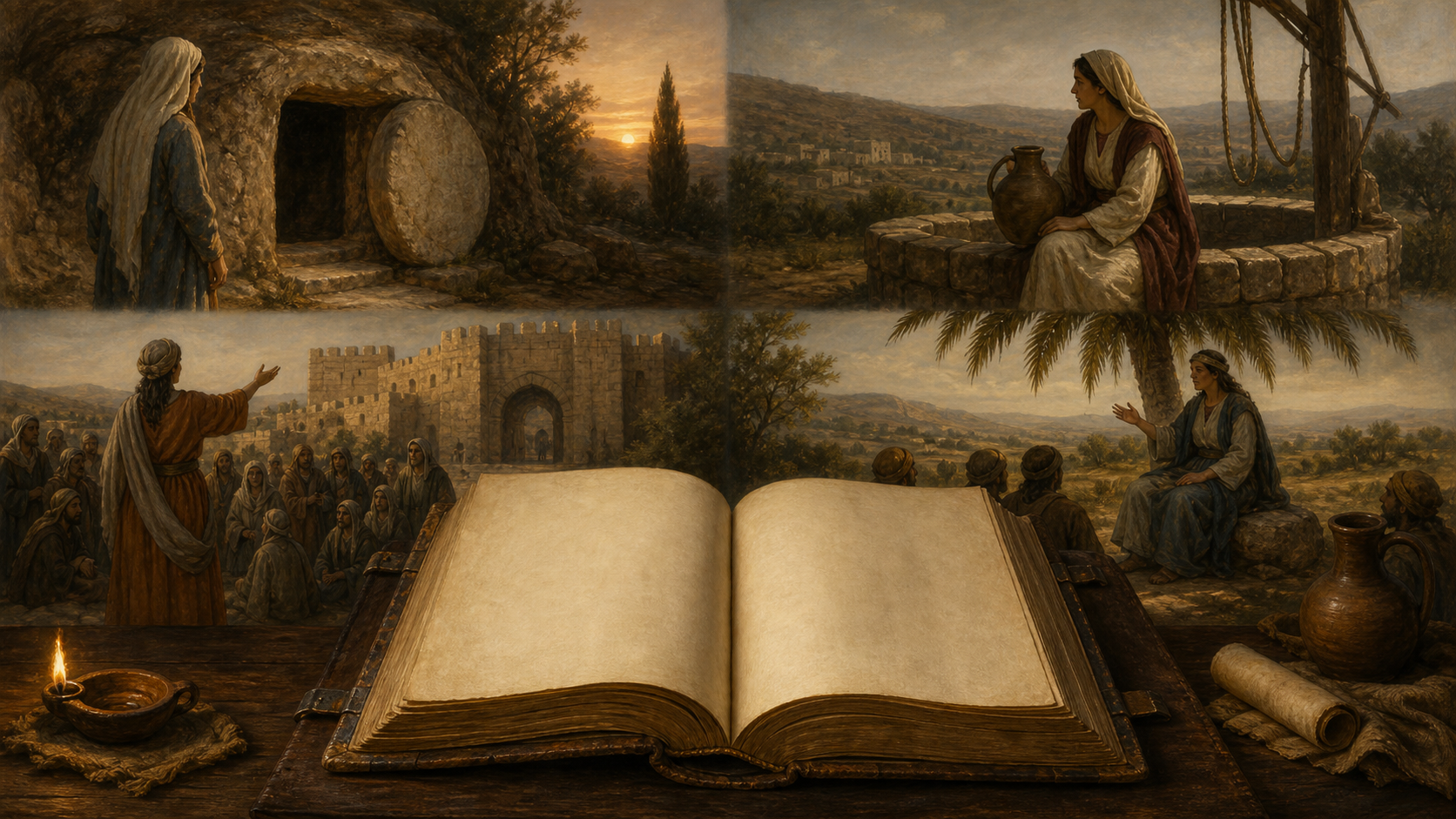 Åpen bibel ved siden av fire symbolske scener som viser kvinner som taler i bibelfortellingene.