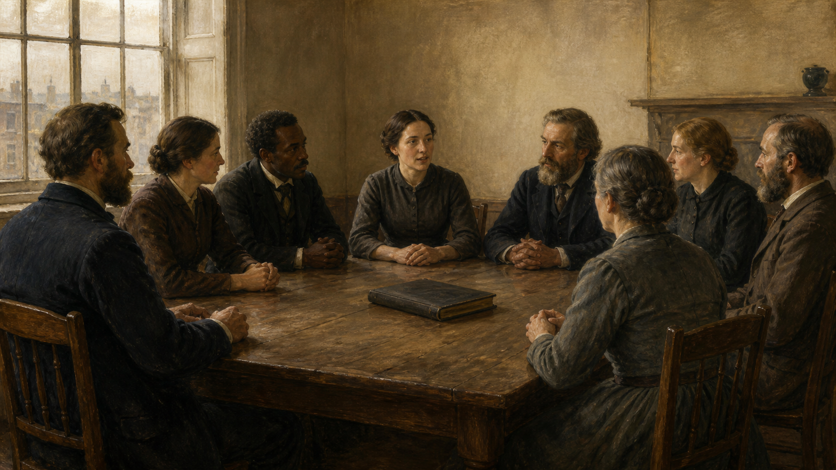 Historisk KI-illustrasjon av kvinner og menn som deltar i et administrativt misjonsmøte i London omkring 1870.
