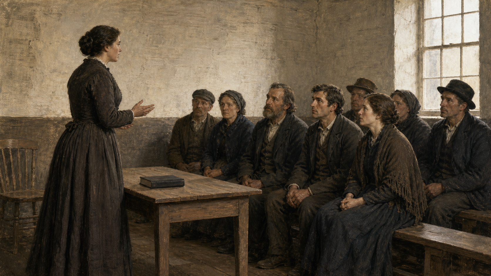 Historisk KI-illustrasjon av en anonym kvinnelig forkynner som taler til en liten voksenforsamling i et enkelt London-lokale omkring 1870.