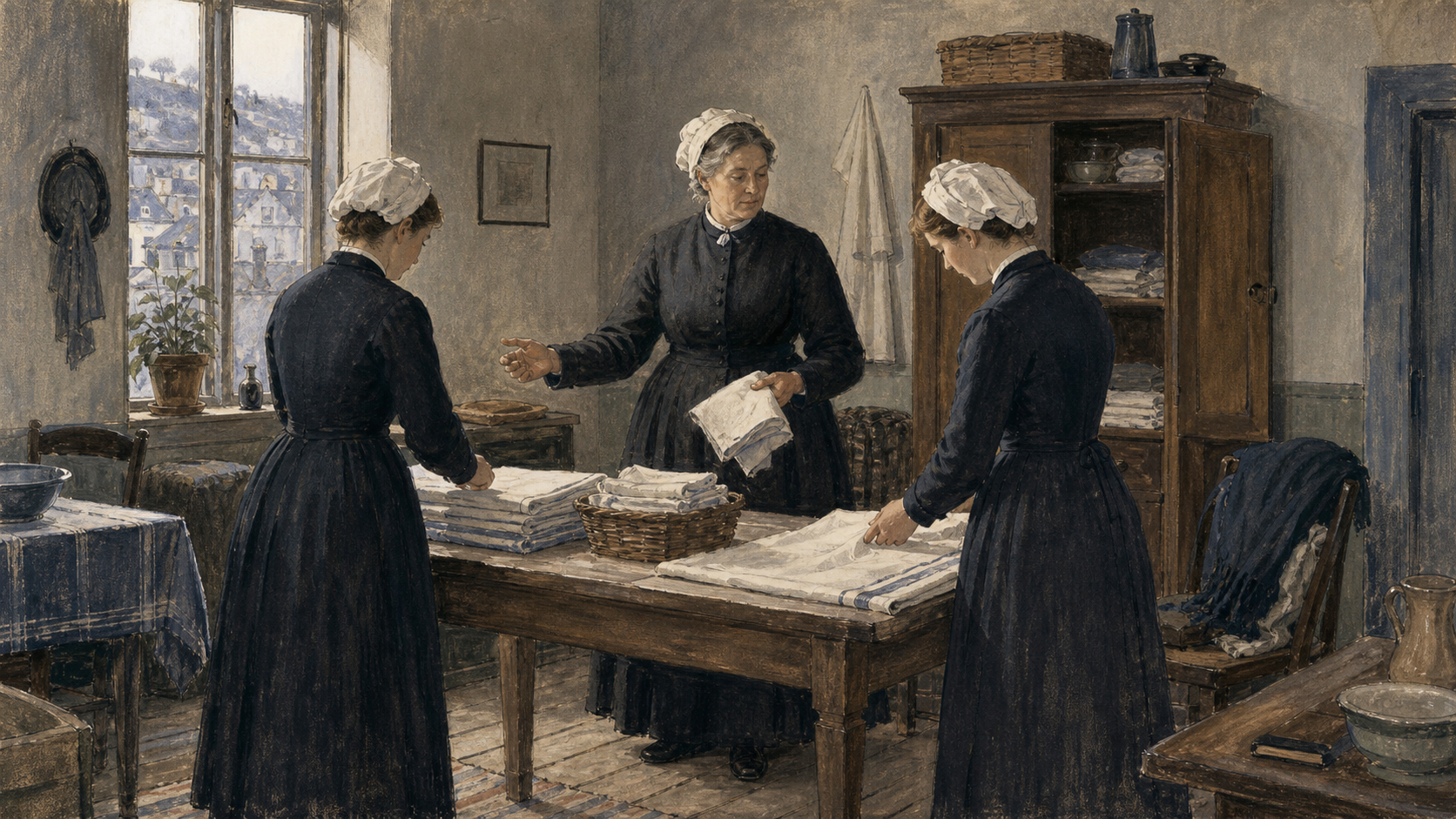 KI-illustrasjon av en anonym eldre diakonisse som organiserer arbeidet i et enkelt søsterhjem.
