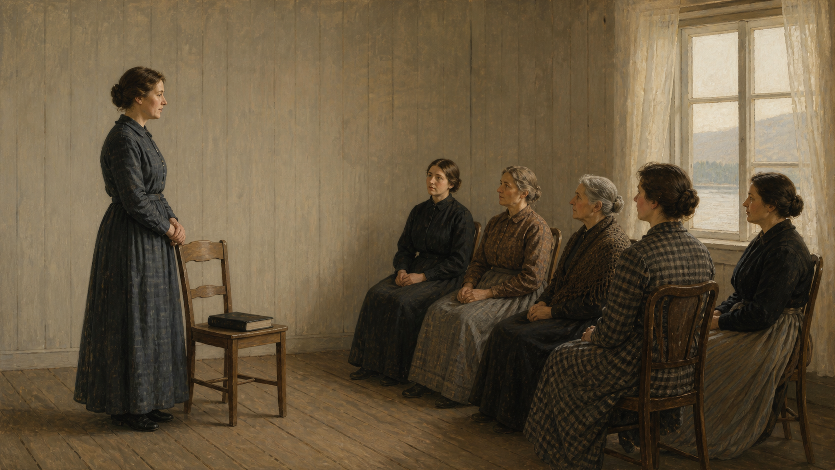KI-generert illustrasjon av en anonym kvinne som taler til en liten gruppe kvinner i et enkelt foreningsrom omkring 1901.