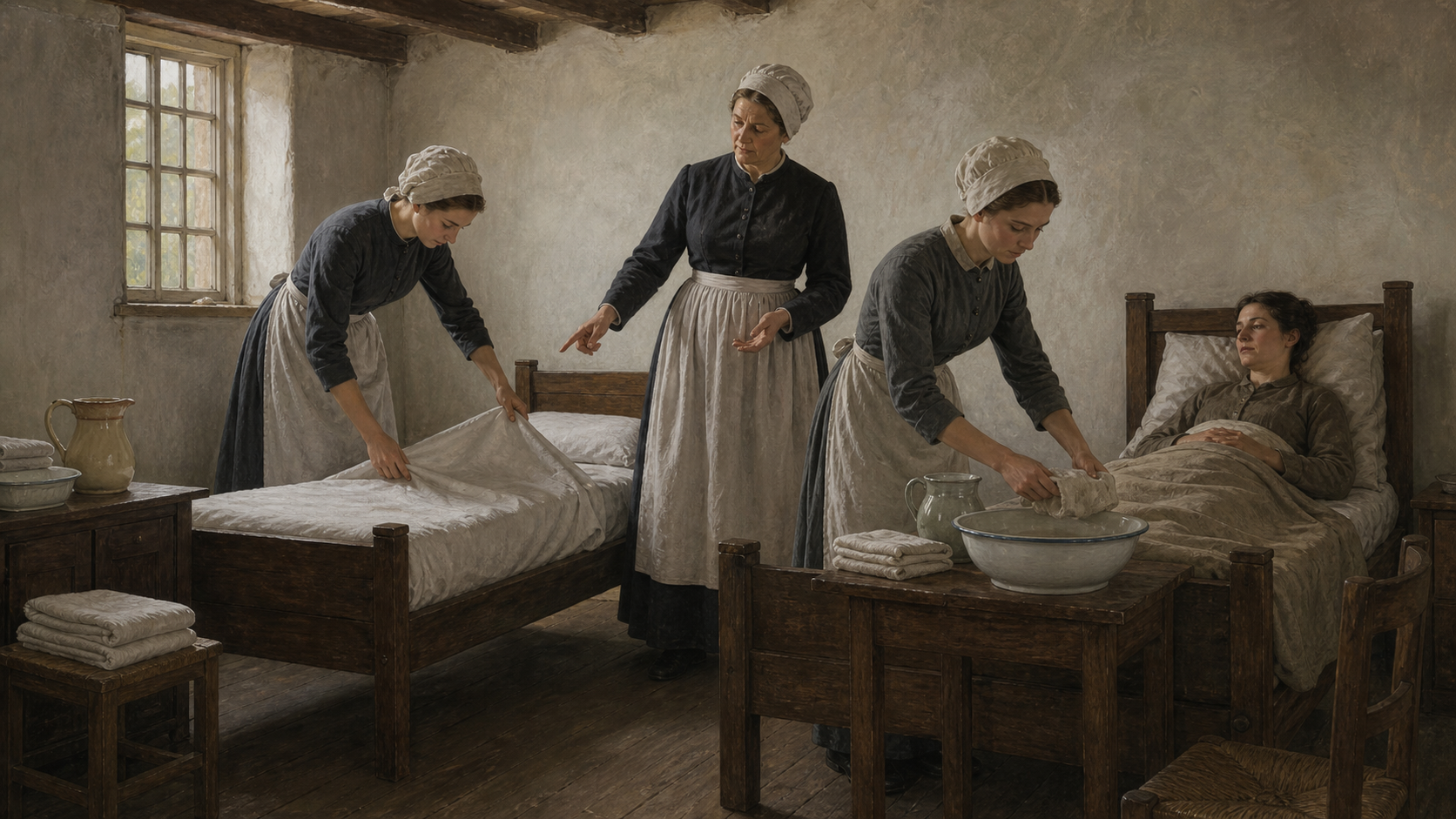 Historisk KI-illustrasjon av anonyme kvinner som øver på sengepleie og omsorg i en enkel sykehusstue omkring 1840.