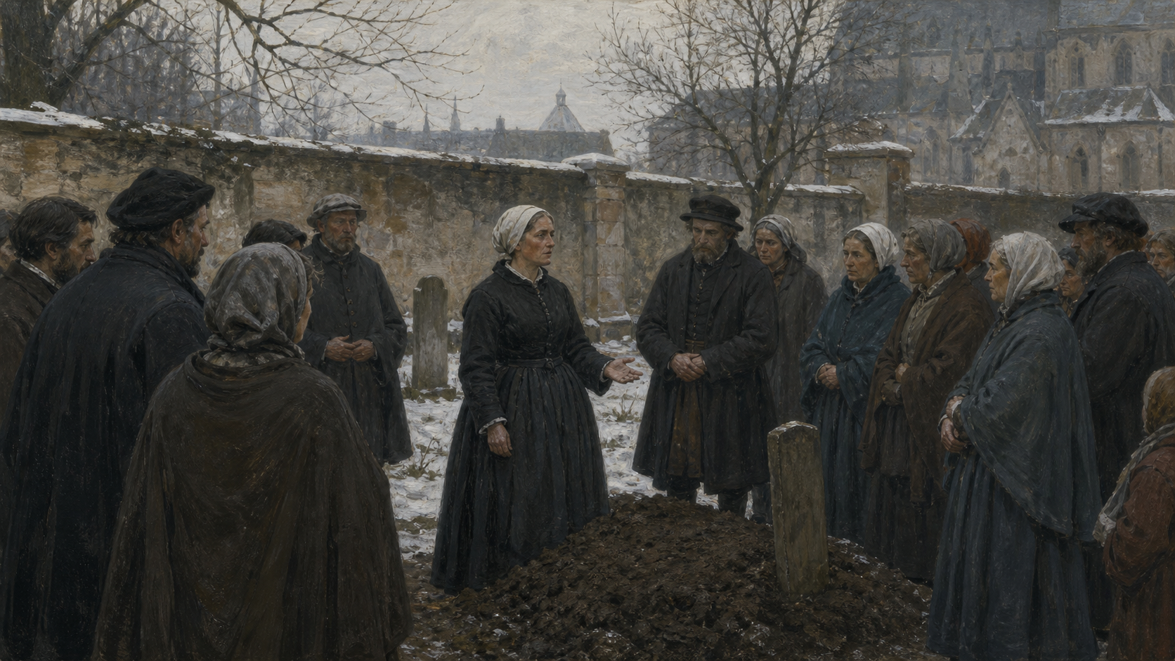 Konseptuell KI-illustrasjon av en anonym enke som taler ved en grav blant sørgende i Strasbourg vinteren 1548.