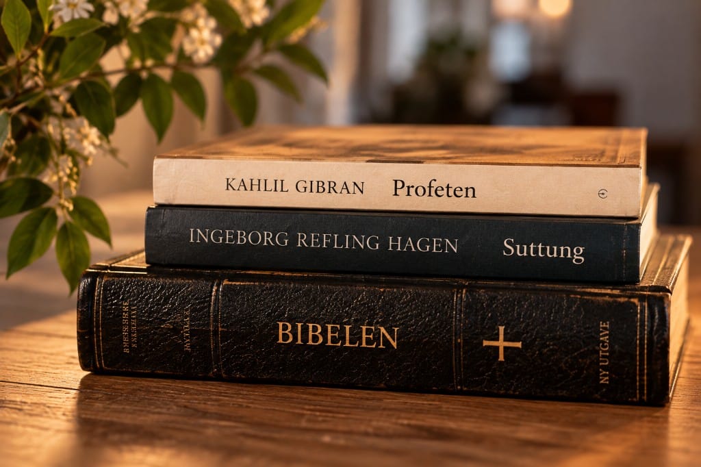 Tre bøker: Profeten, Suttung og Bibelen. KI-generert illustrasjon.
