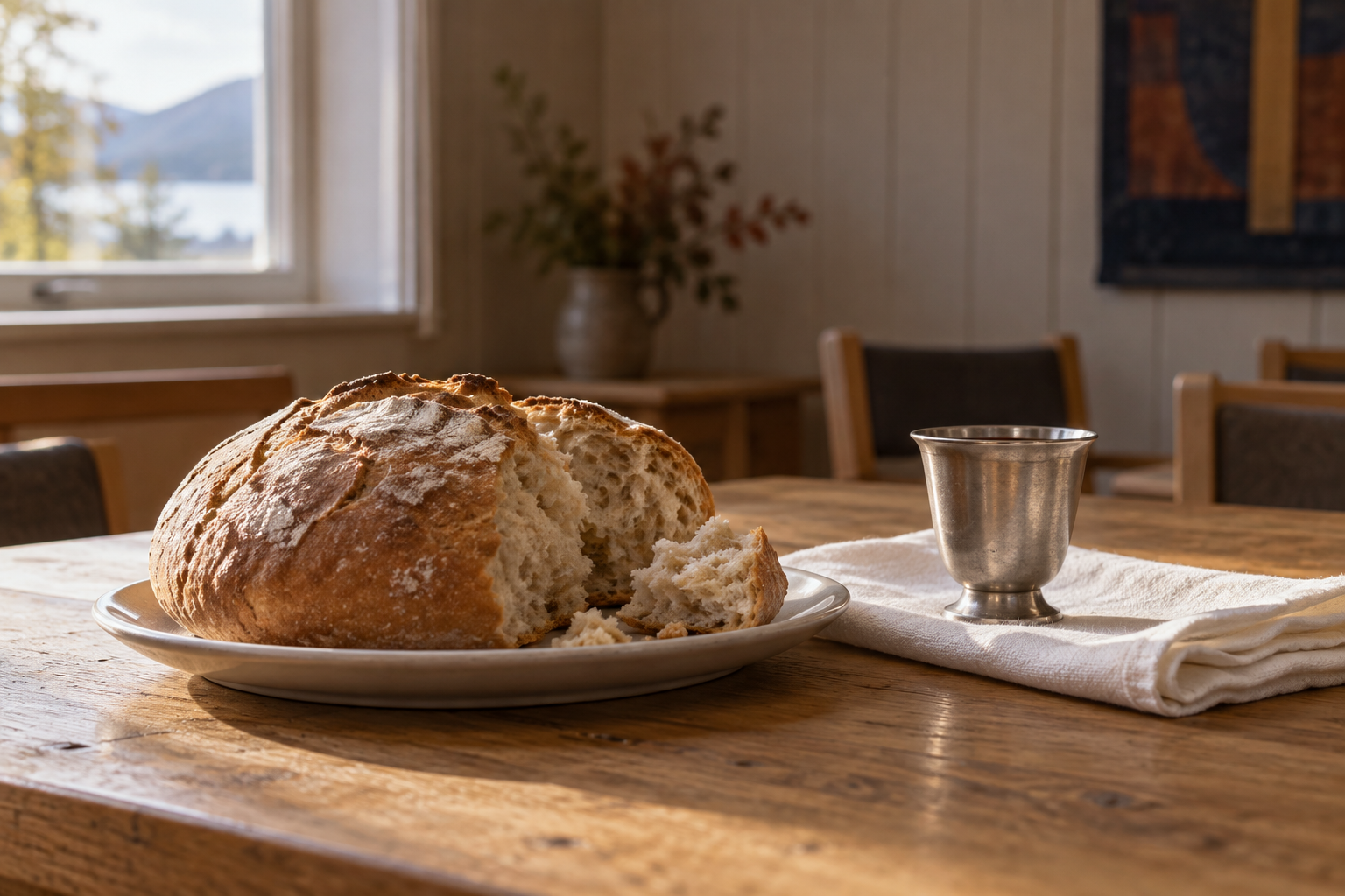 Brød på et enkelt fat og et lite nattverdbeger på en hvit linduk.