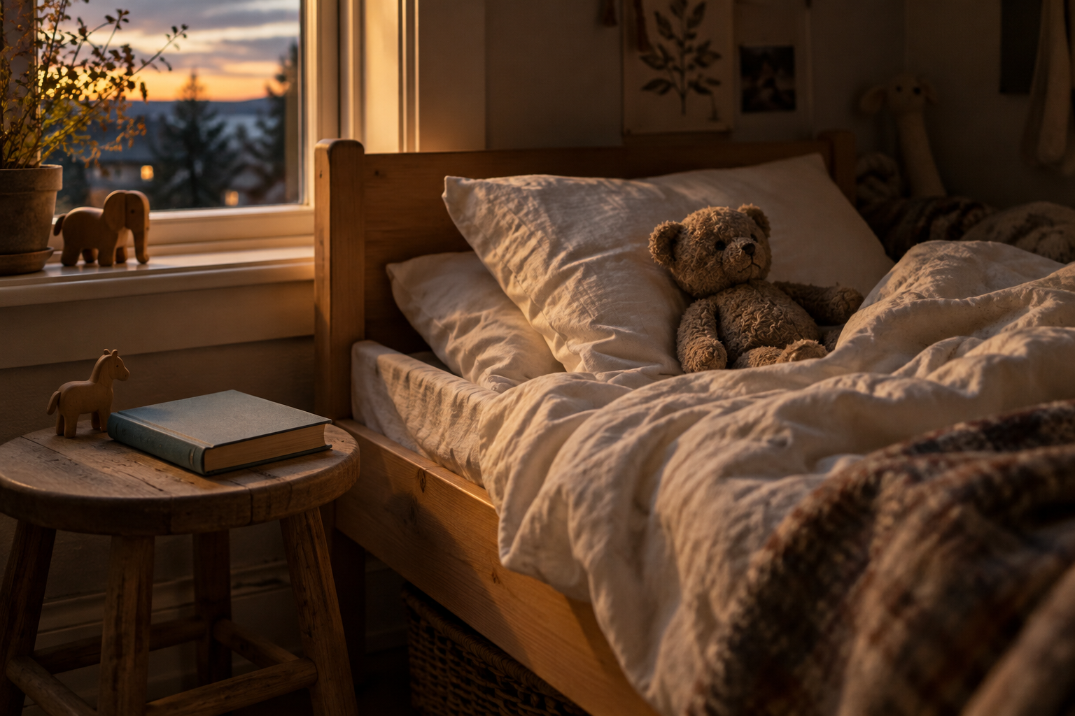 En bamse i en oppredd barneseng og en lukket bok på en krakk i varmt kveldslys.