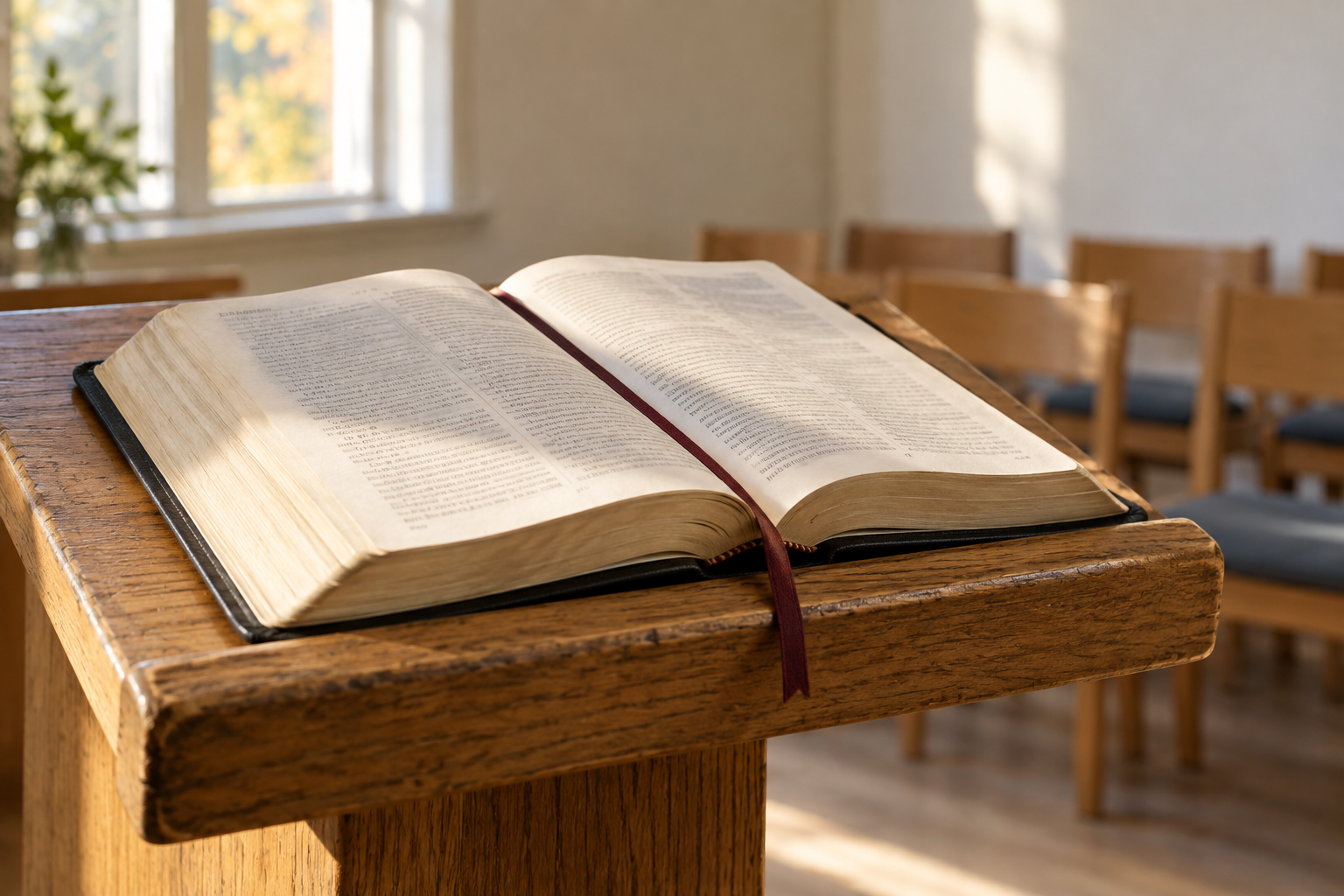 En åpen bibel på en enkel talerstol i et tomt forsamlingsrom, opplyst av sidelys.