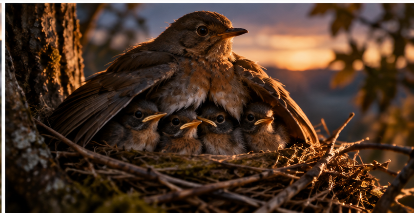 En fugl som dekker fire unger med vingene i et rede, i solnedgang.
