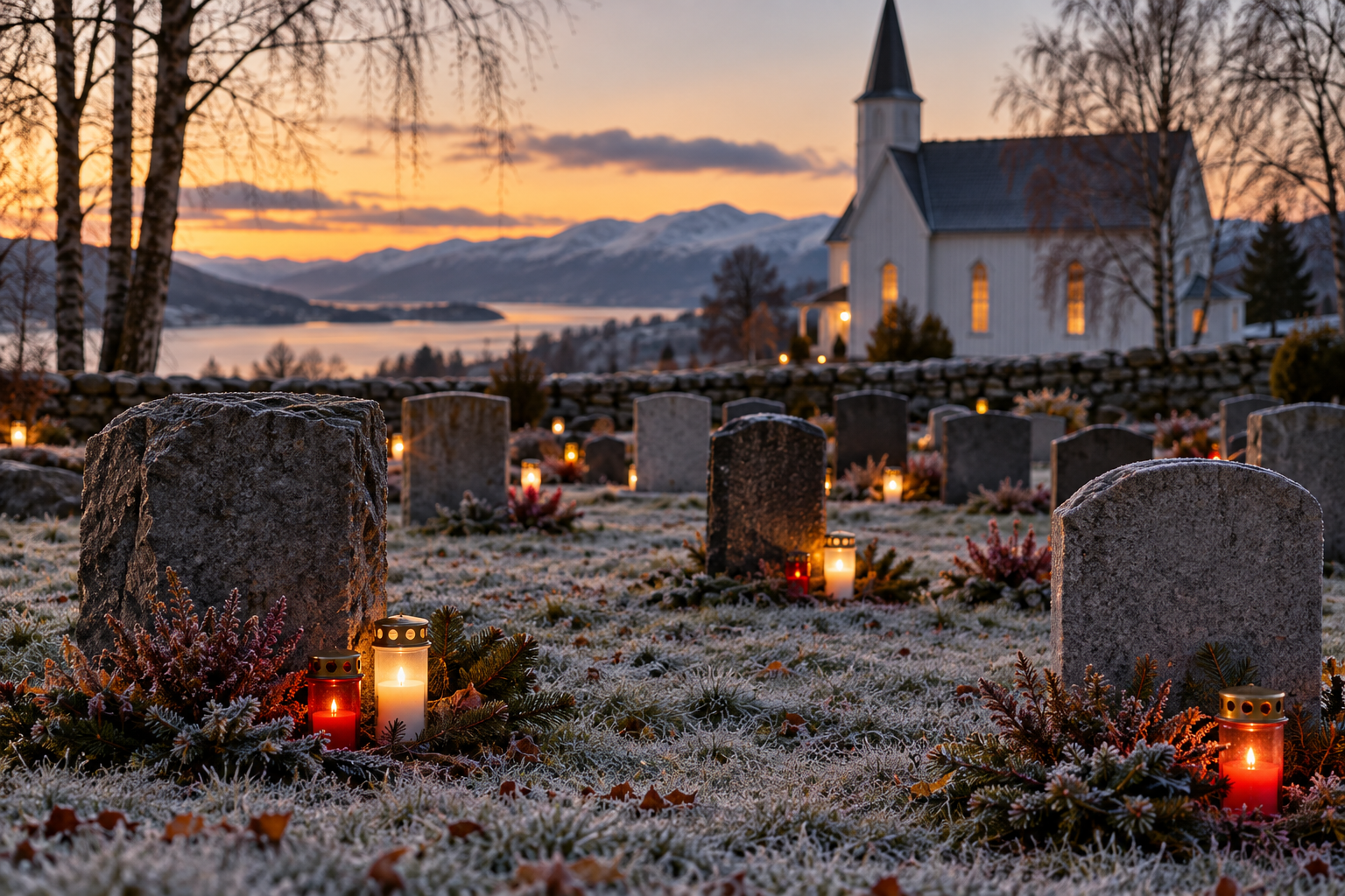 Tente gravlys på en kirkegård med rim på gresset, og en hvit trekirke i skumringen bak.
