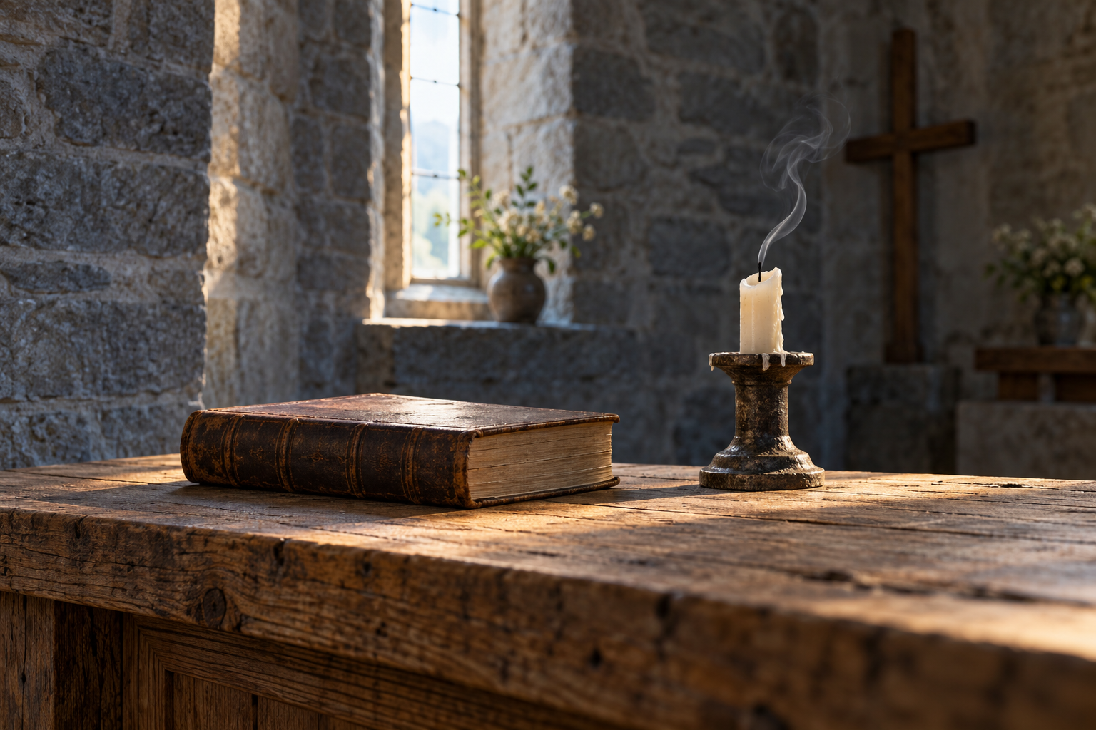 En gammel skinninnbundet bok og et lys på et enkelt alter i en steinkirke.