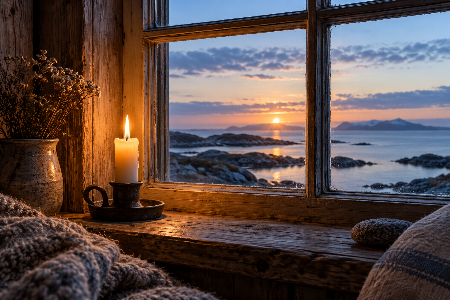 Et tent lys i et vindu ved daggry, med havet og skjær utenfor.