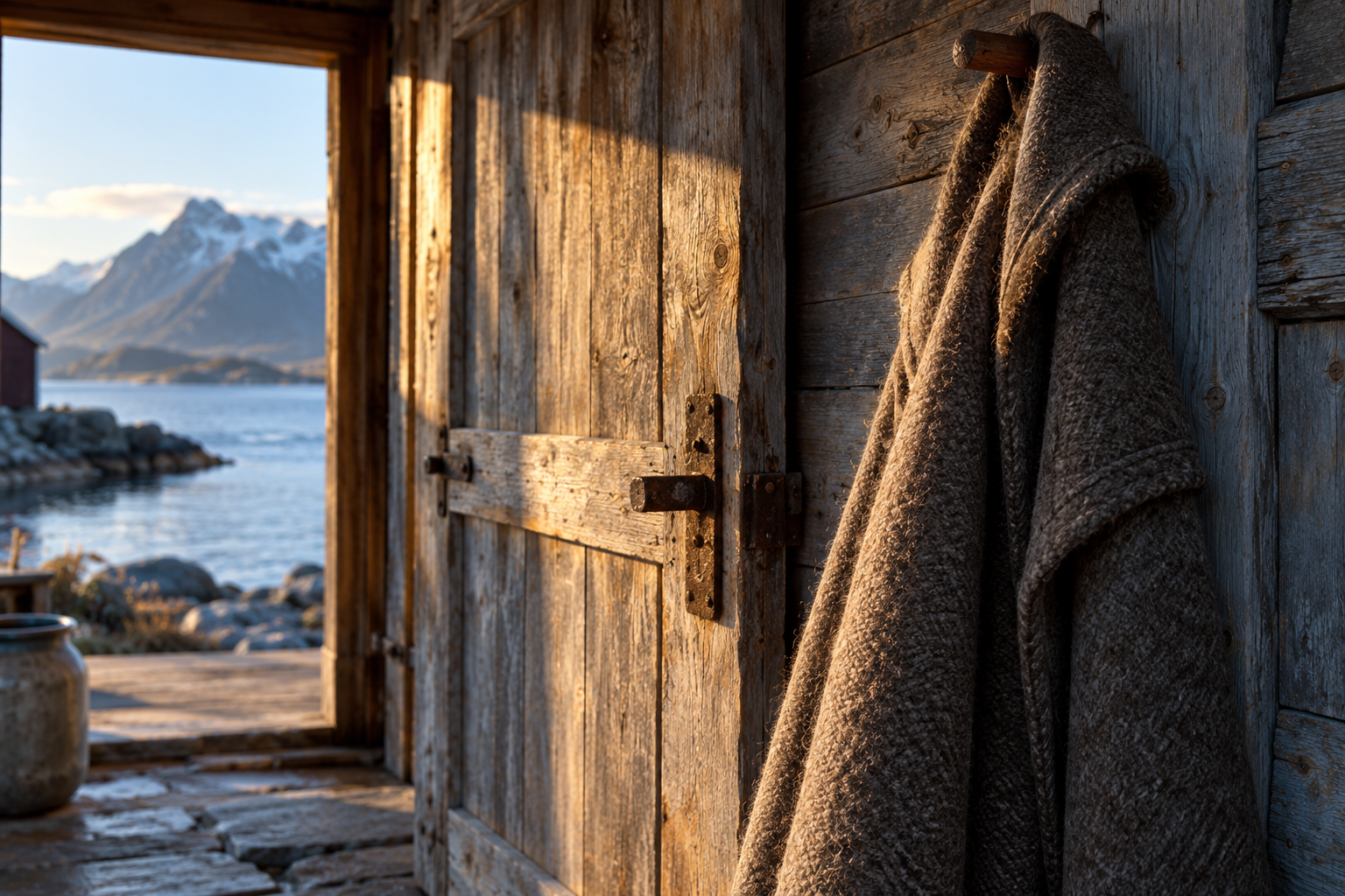 En ullkappe på en treknagg ved en åpen dør mot fjorden.