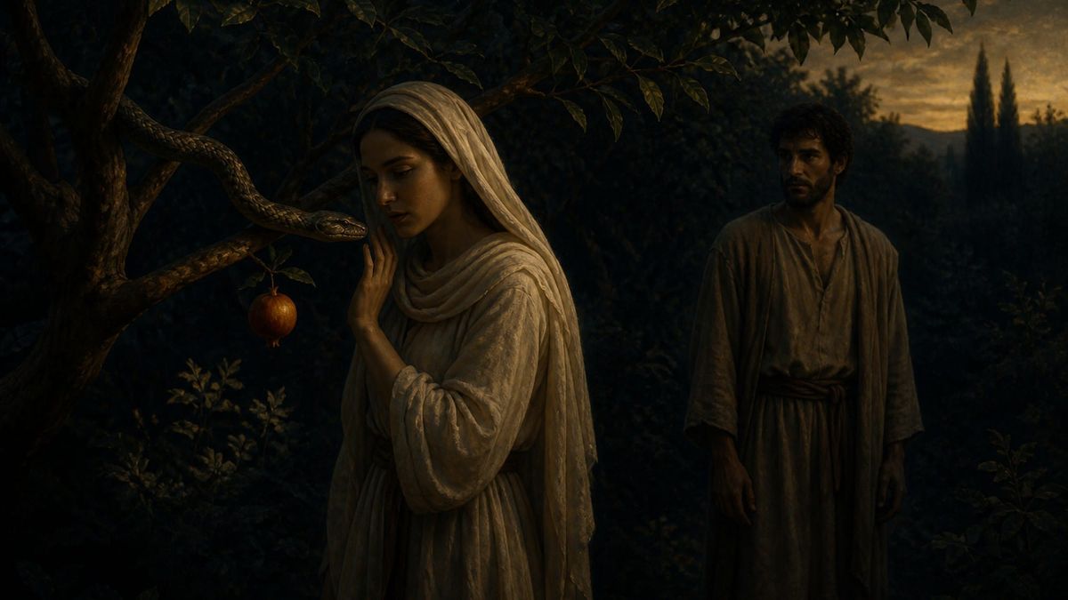 Eva står nærmest slangen og frukten; Adam står bak og ser på, uten å bli tiltalt.
