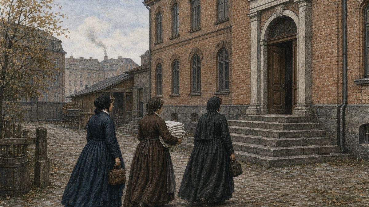 Historisk illustrasjon av tre kvinner som går mot et institusjonsbygg i Christiania i 1868.