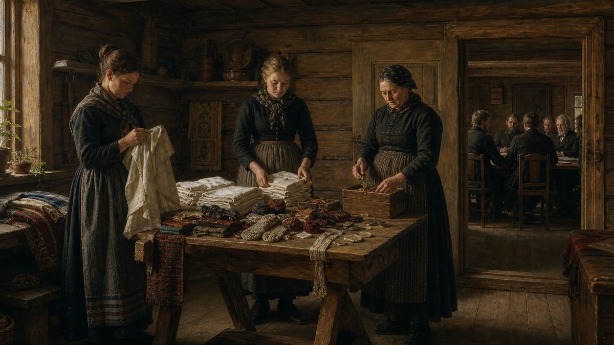 Kvinner syr og teller mynter ved et bord. Menn sitter ved et formelt møtebord i rommet bak. Hele skikkelsene synes.