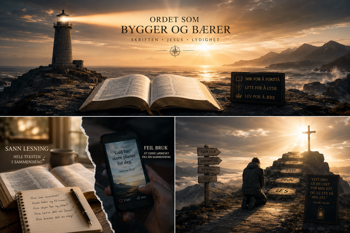 En åpen bibel ved havet, med fyrtårn, kors og motiver som viser lesning i sammenheng og lydighet.