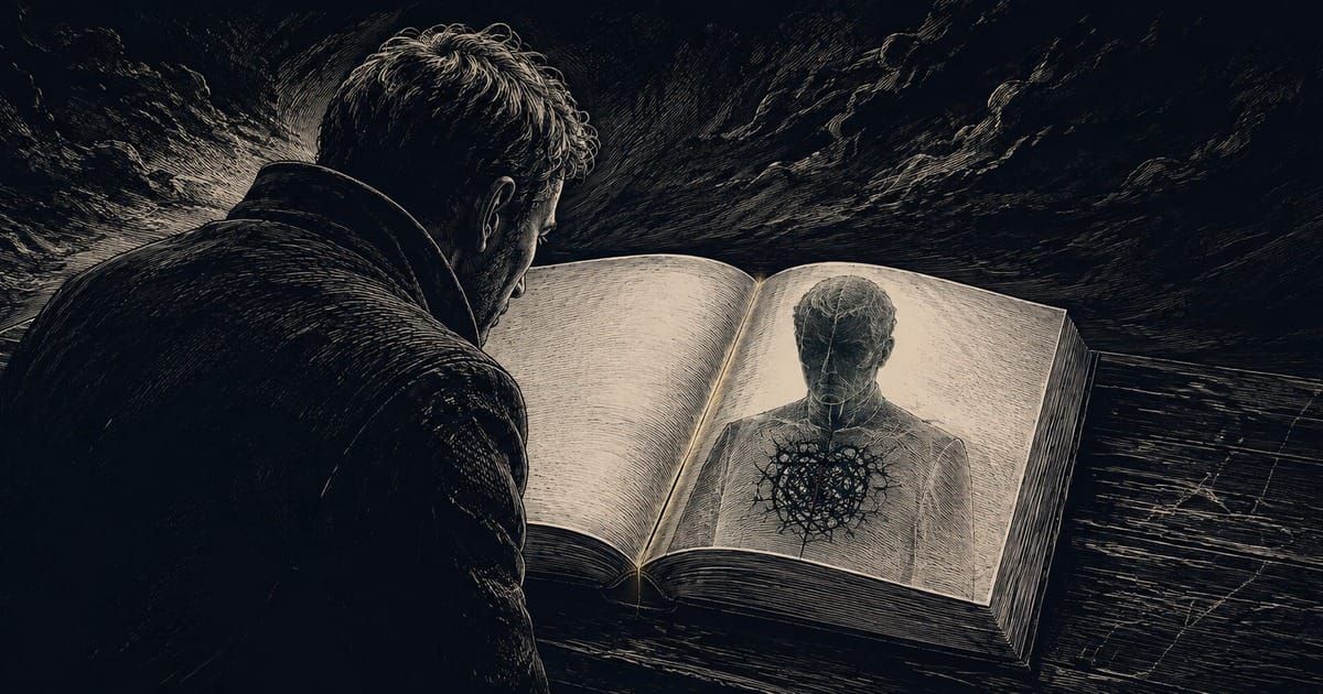 En leser møter et mørkt bilde av sitt eget indre liv i en åpen bok.