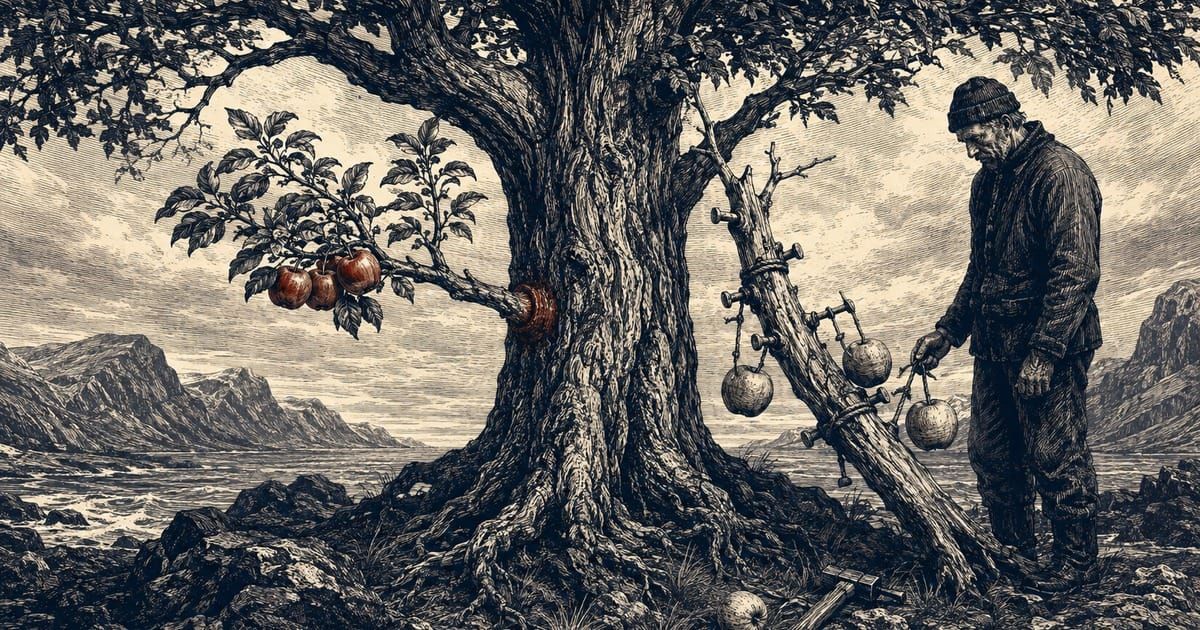 Et levende tre bærer frukt ved siden av en påspikret gren med livløse frukter.