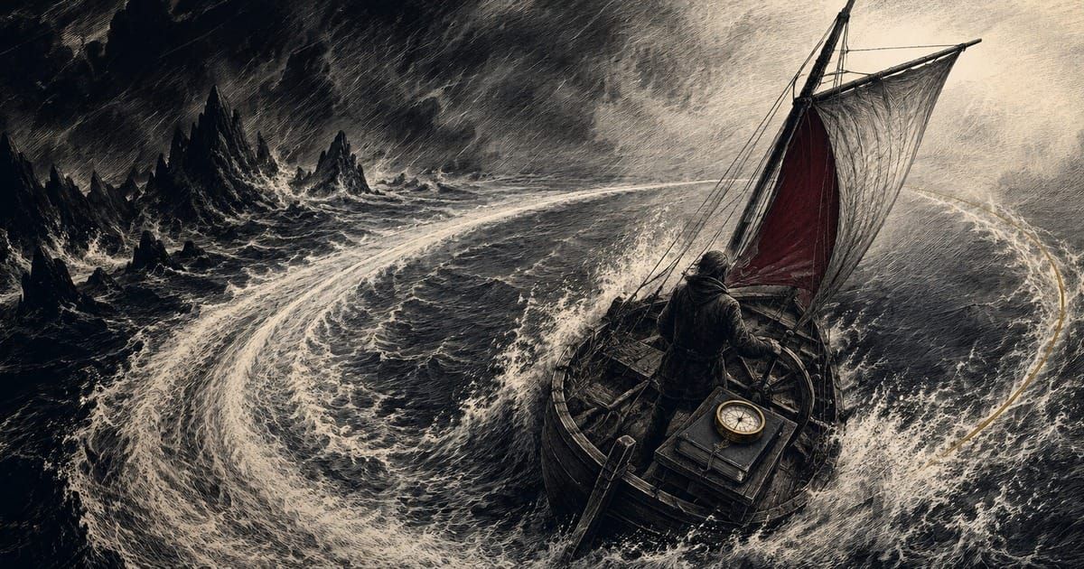 En seilbåt følger en tydelig kurs gjennom stormen med kompasset synlig om bord.